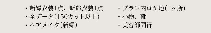 新婦衣装1点・新郎衣装1点／全データ（150カット以上）／ヘアメイク（新婦）／プラン内ロケ地（1ヶ所）／小物／靴／美容師同行